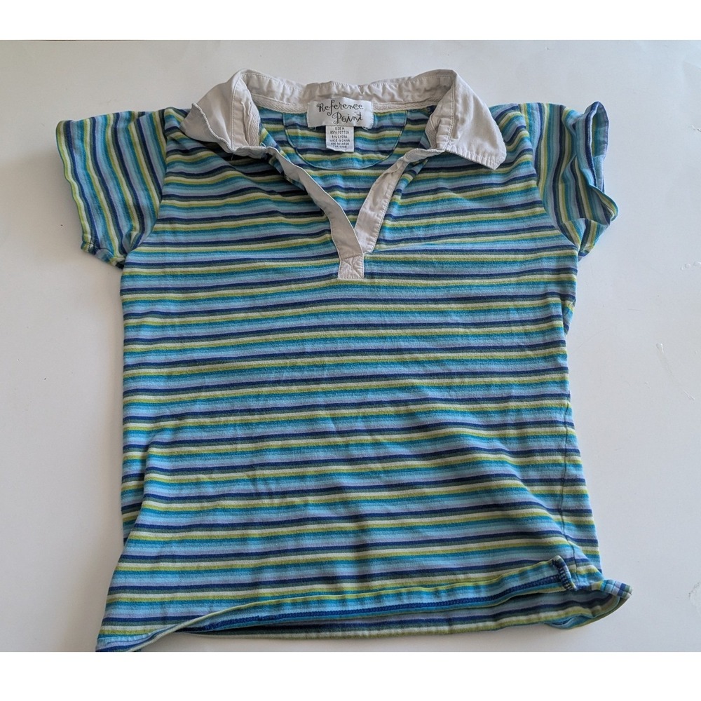 Reference Point Kids Blue Green Striped Short Sleeve Polo Shirt Size M
